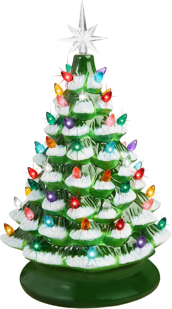 15in Ceramic Christmas Tree Pre-Lit Tabletop Holiday Tree with Star Topper and Multicolored Bulbs